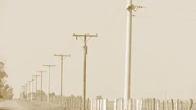 Hilera de postes de una línea eléctrica rural que se pierde en el horizonte, junto a un camino